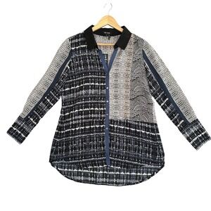 NIC+ZOE Mixed Print Tunic Blouse Small Black White Navy Long Sleeve Button Down